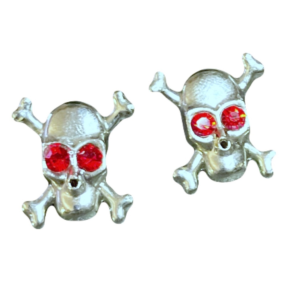 New Silver Skull And Crossbones Red Swarovski Crystal Gothic Stud Earrings